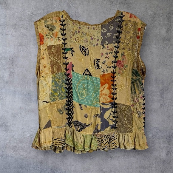 MSAS Y2K Patchwork Embroidered Top Womens L  Ruffle Hem Boho Hippie Festival 90s - Picture 5 of 9